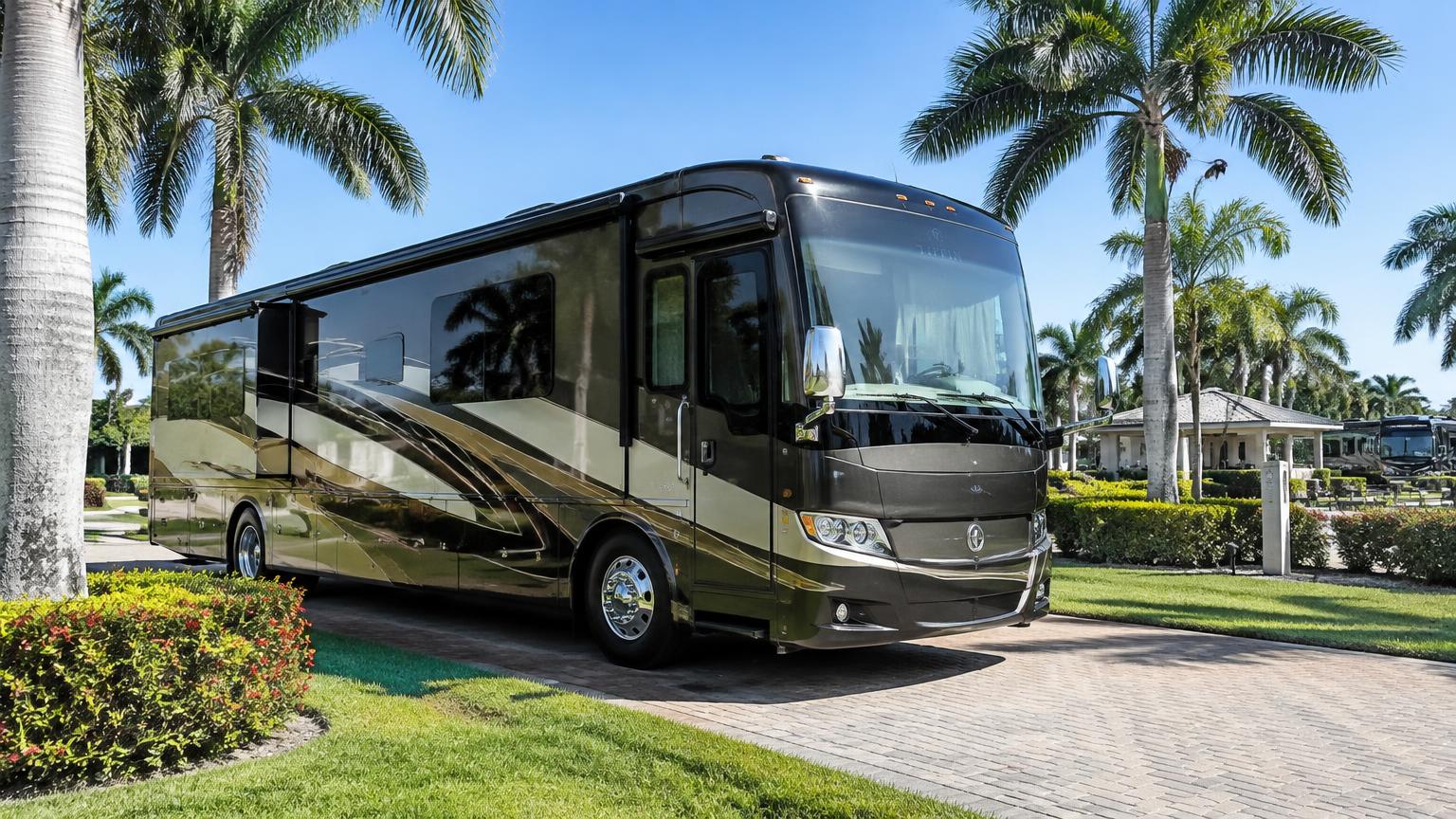 Luxury Class A motorhome at a landscaped RV resort in Bonita Springs, Florida
