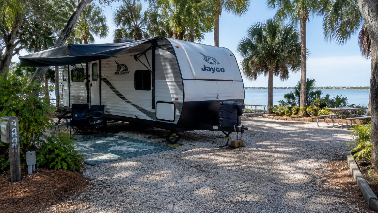 Travel trailer at a shaded waterfront RV site near Lemon Bay in Englewood, Florida