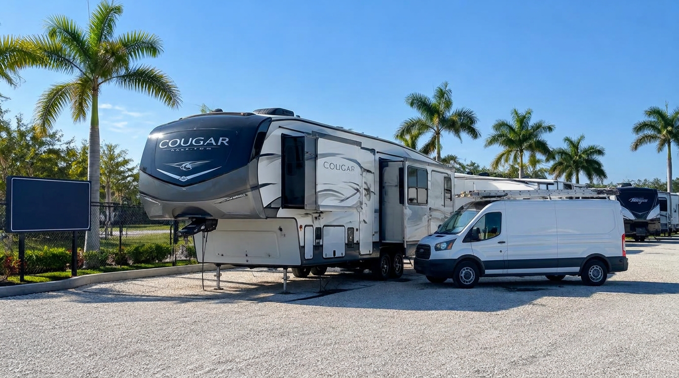 Fifth wheel RV parked at a storage lot in Estero, Florida with a service van alongside
