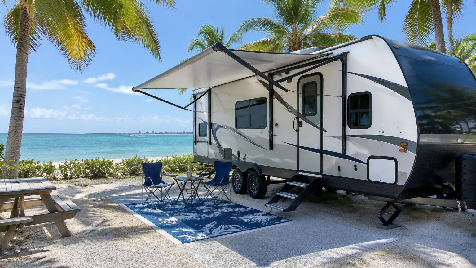 Travel trailer at a palm-shaded RV site near the Gulf in Fort Myers Beach, Florida