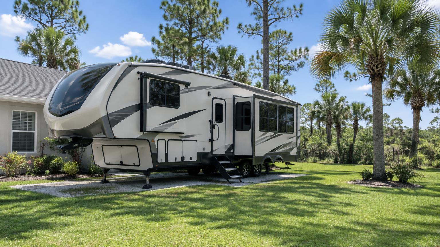 Fifth wheel RV parked beside a home on a large lot in Lehigh Acres, Florida