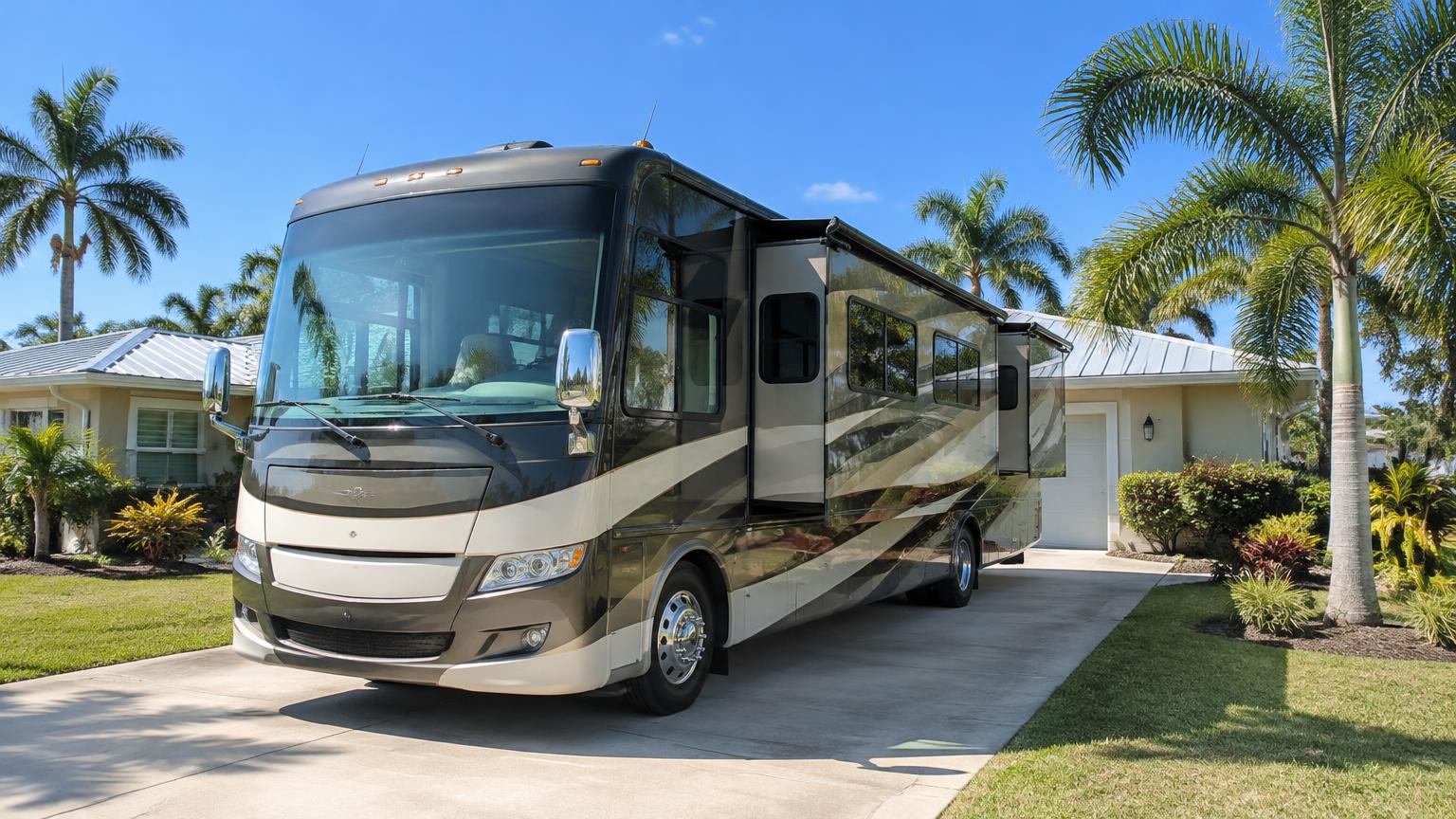 Class A motorhome parked in a home driveway in North Fort Myers, Florida