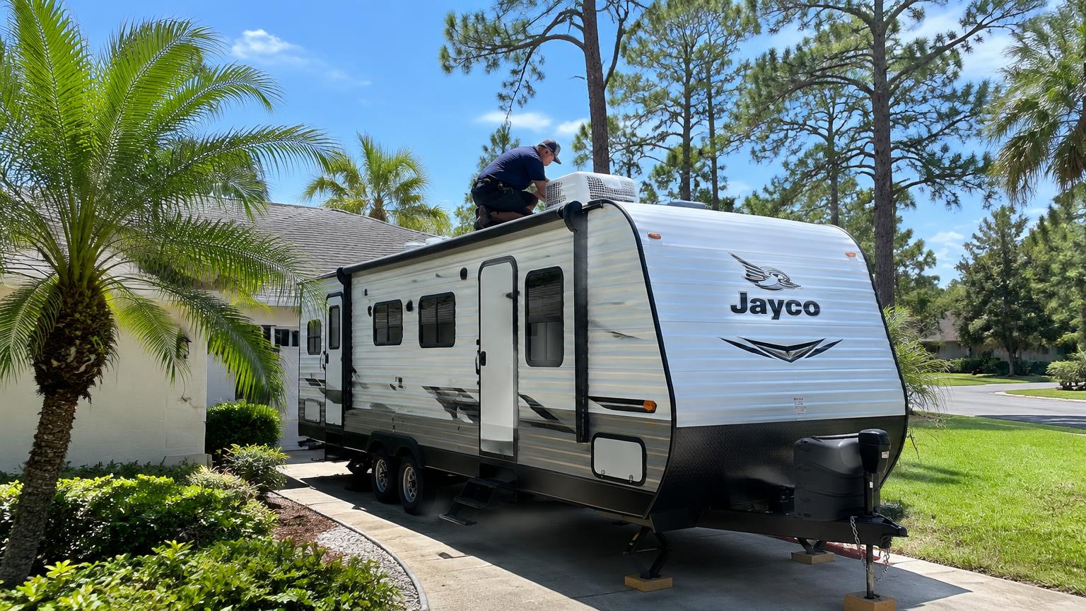 Technician servicing the rooftop air conditioner of a travel trailer at a North Port, Florida home