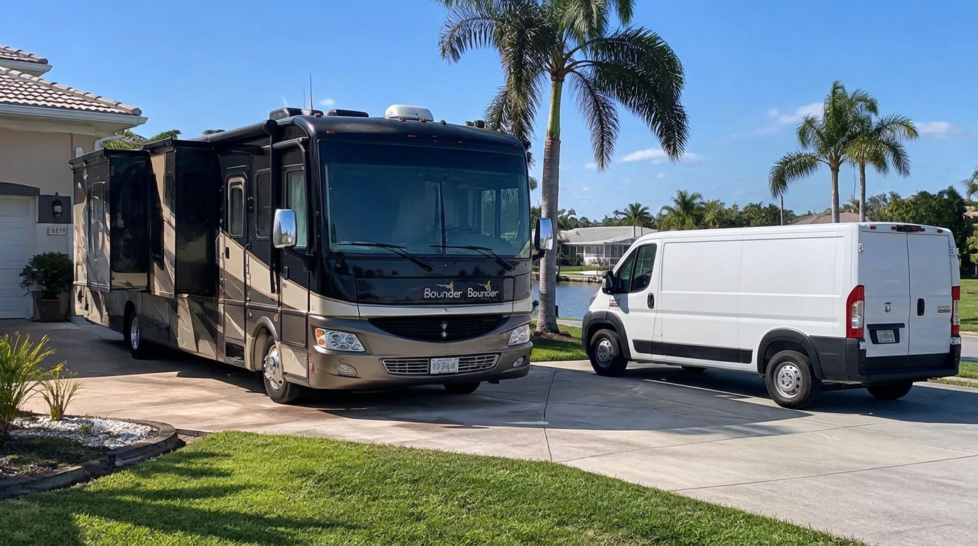 Class A motorhome parked in a canal-front driveway in Port Charlotte, Florida