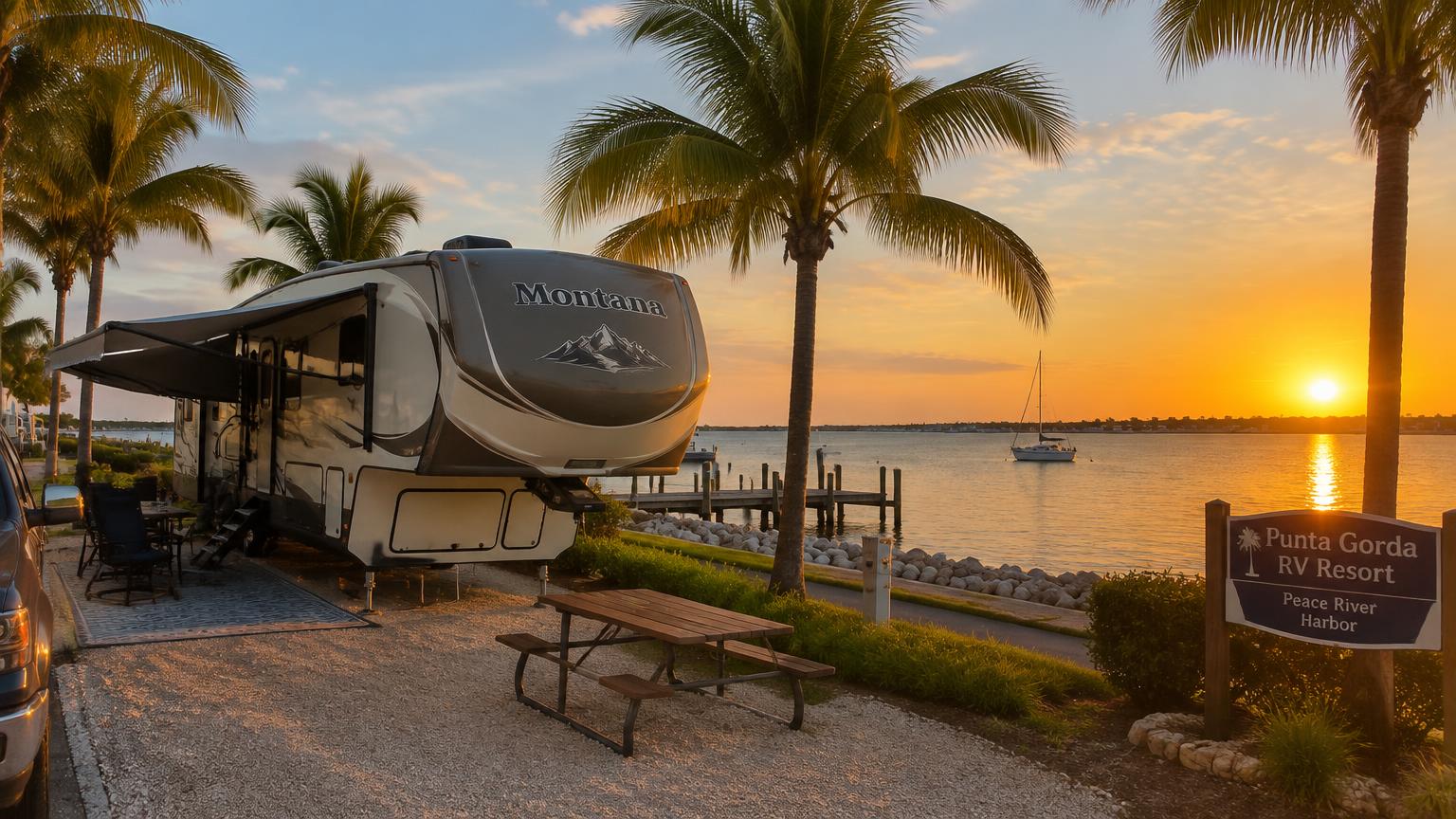 Fifth wheel RV at a waterfront RV site on the Peace River in Punta Gorda, Florida