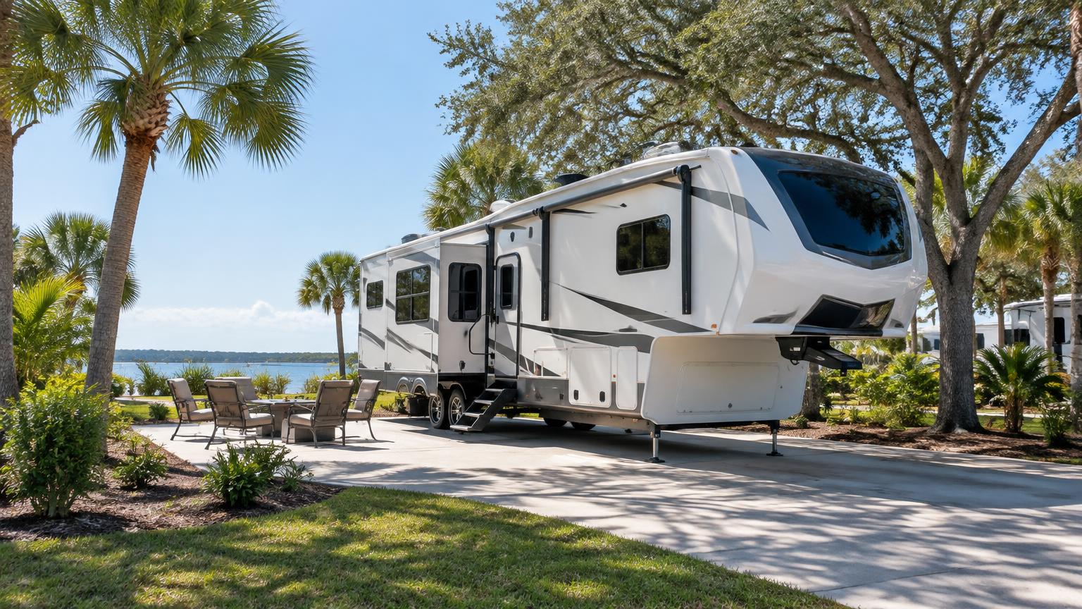 Fifth-wheel RV at a landscaped Gulf Coast RV site in Sarasota, Florida